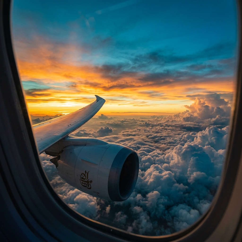 Airplane wing above dramatic sunset clouds — luxury travel experience