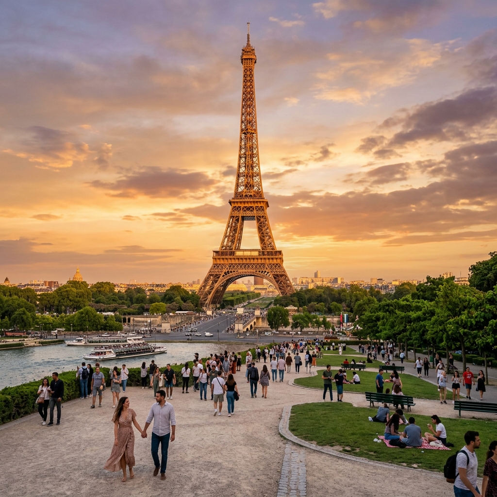 Eiffel Tower in Paris at golden hour