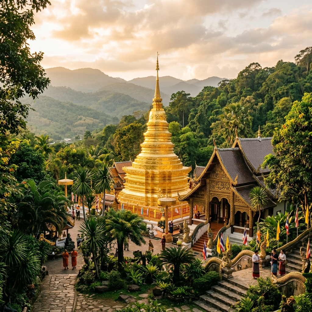 Ancient temple surrounded by tropical greenery